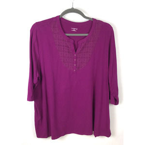 Catherines Womens 3/4 Sleeve Top Size 4X Purple Stretch Henley Crochet Accent